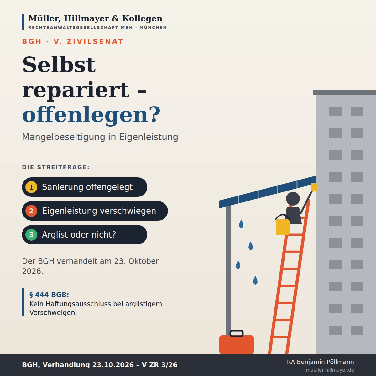 Infografik zum Beitrag: Mangelbeseitigung in Eigenleistung – muss der Verkäufer darüber aufklären?